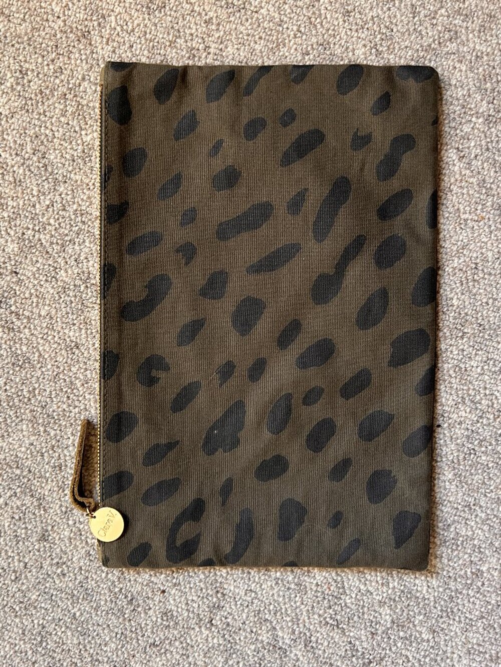 Clare V Leopard Print Canvas Flat Clutch Pouch Olive Black